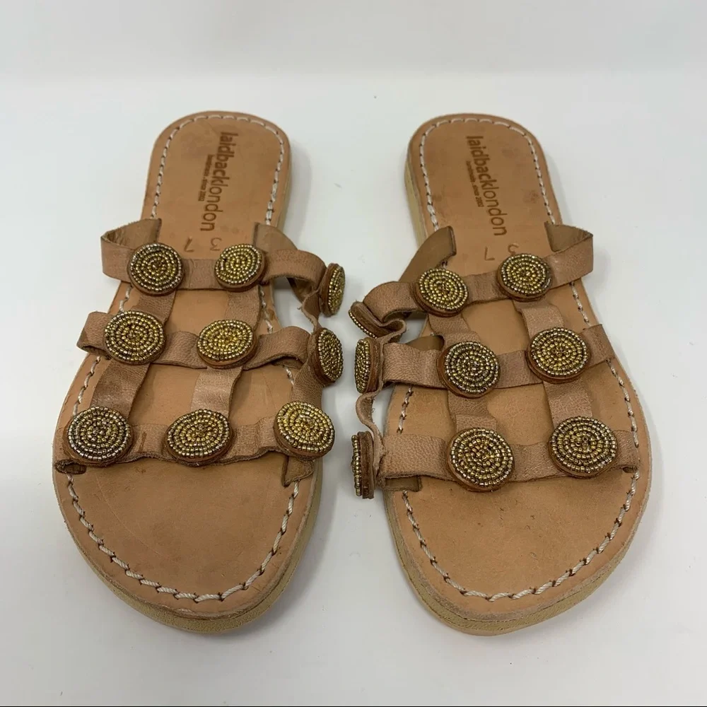 Anthropologie Laid Back London Handmade Leather Beaded Tan Gold Sandal Size 6